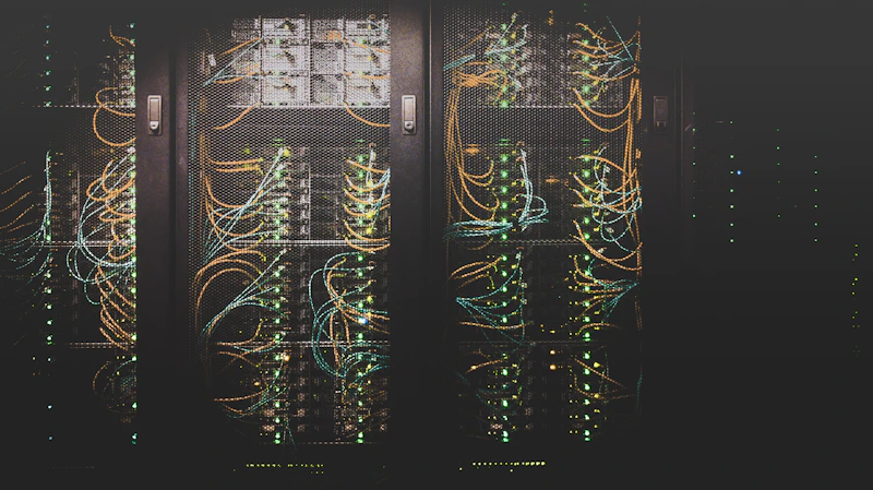 Detalhe de racks de servidores com cabeamento organizado
