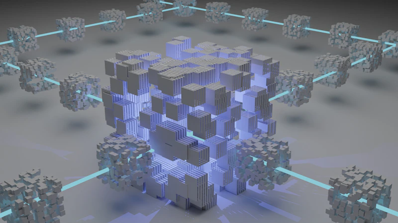 Renderização tridimensional abstrata em azul e violeta